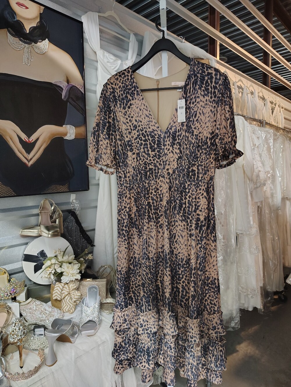 Anthropologie Hutch Adelia Ruffled Midi Dress Brown Motif XL NWT - Picture 9 of 11